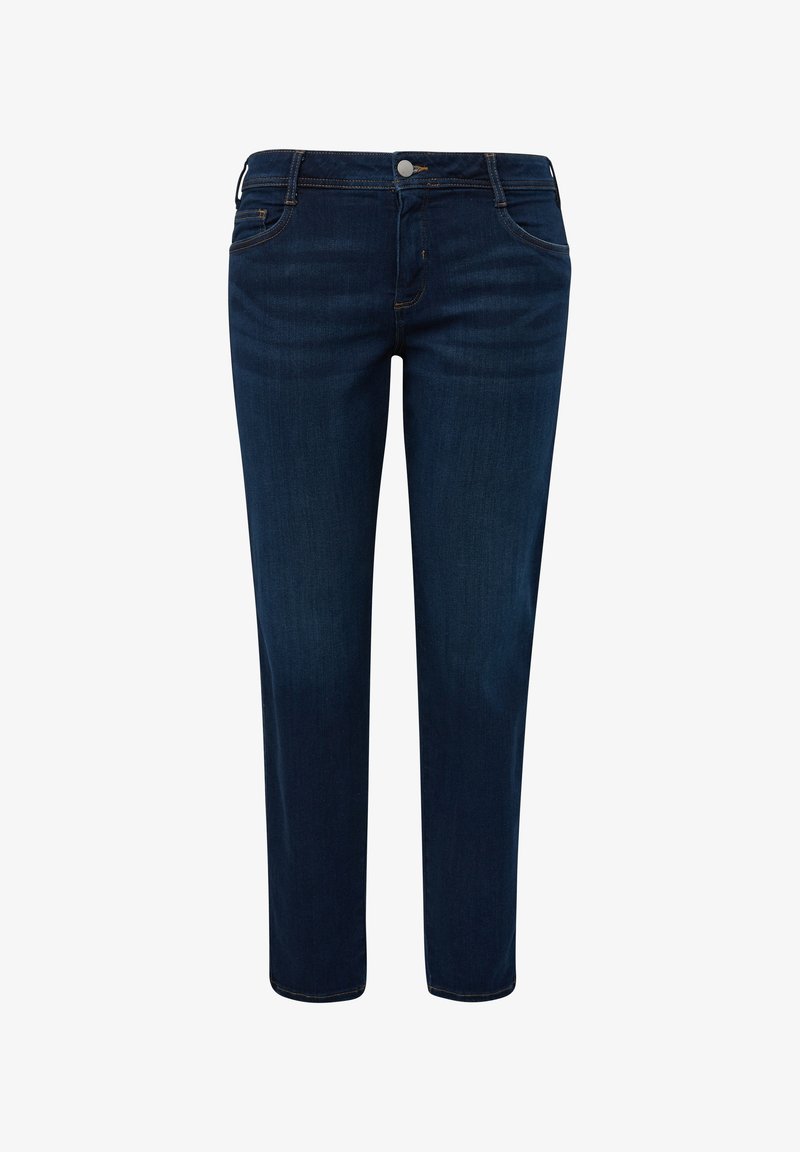 Tmavě modré džíny vyrobené z denimu, s hladkou texturou, pětikapsovým designem a předním zapínáním na knoflík s kontrastním prošíváním.