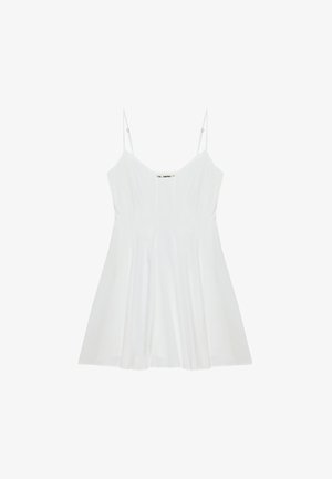 Vestito bianco senza maniche con sottili spalline regolabili e gonna svasata, mostrato su uno sfondo bianco semplice.