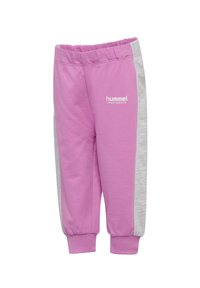 Rosa bomullssweatpants med en grå sidopanel, elastisk midja och ribbade muddar. Har "hummel sportswear"-logotypen i vitt.