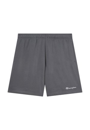 Graue Sportshorts mit einem elastischen Bund, Seitentaschen und einem kleinen weißen Logo auf der unteren rechten Seite. Weiche, glatte Textur.