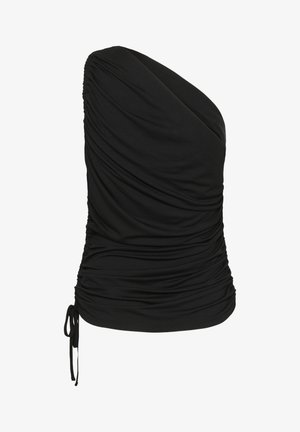 Black, one-shoulder top made from stretchy material, featuring ruching on the front and a drawstring detail at the hem.