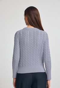 Szary sweter w splot szenkowy z ribbowanym dołem i mankietami, z okrągłym dekoltem i teksturowanym wzorem. Widok z tyłu z gładkiego materiału.