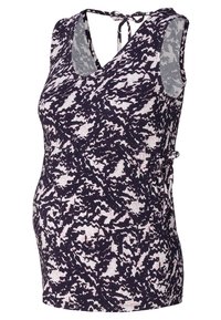 Top premaman senza maniche con scollatura a V, motivo floreale in viola scuro e rosa chiaro, e chiusura regolabile con laccio sul retro.