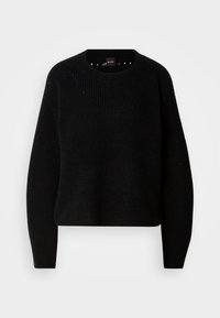 Pull noir à manches longues avec col ras-du-cou, motif tricoté texturé et poignets côtelés, conçu pour une coupe décontractée.