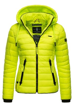 Bright neon yellow puffer jacket with a hood, featuring a zip front, two side zip pockets, and black accents on zippers and cuffs.