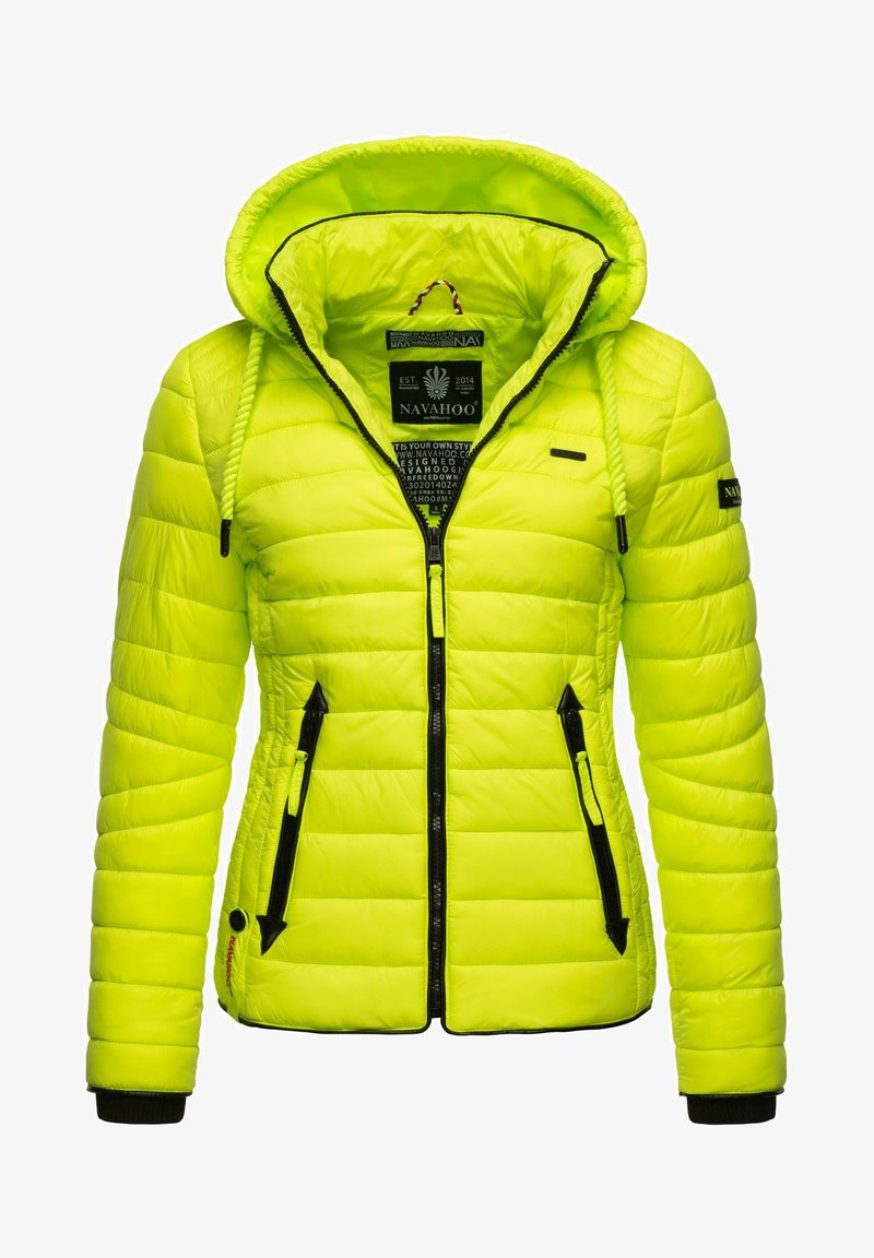 Bright neon yellow puffer jacket with a hood, featuring a zip front, two side zip pockets, and black accents on zippers and cuffs.