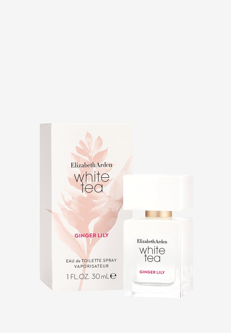 Elizabeth Arden White Tea Ginger Lily eau de toilette spray bottle and box, 30ml, with pink leaf design on packaging.