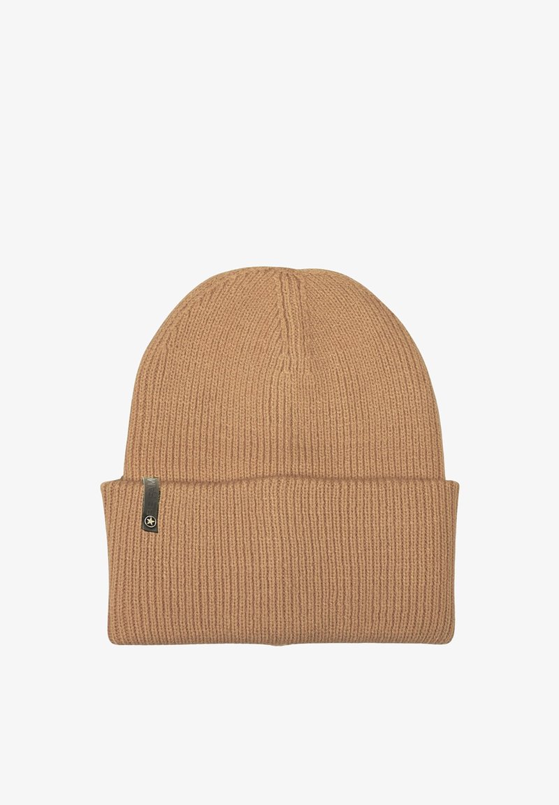 Knit beanie hat in light brown with ribbed texture. Features a folded cuff and a small branded tag on the side. Soft material.