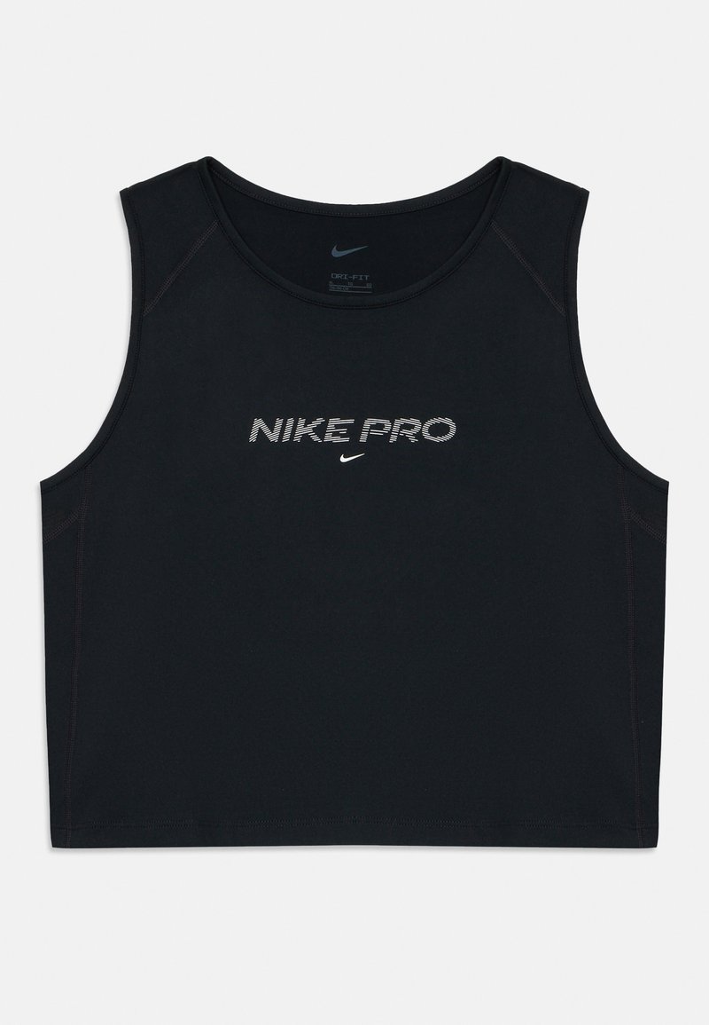 Melna Nike Pro t-krekls ar apaļu izgriezumu, bez piedurknēm un atstarojošu logotipu priekšā, ar smalkiem šuvju detaļām.