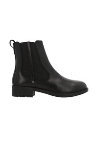Black leather ankle boot with elastic side panels, round toe, low stacked heel, and pull tab at the back. Smooth texture and minimal design.