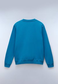 Felpa blu con girocollo, maniche lunghe e polsini e orlo ribattuti, in un colore uniforme senza motivi o disegni visibili.