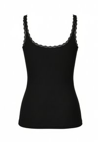 Canotta nera in tessuto a costine, con rifiniture in pizzo su spalline e scollatura. Sagoma aderente senza accessori o motivi aggiuntivi.