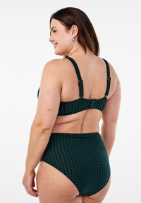 Zeleni karirani bikini z debelimi naramnicami in visokim pasom, ki ima strukturirano tkanino in nastavljivo opremo na hrbtu.