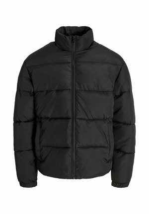 Schwarze Steppjacke mit hohem Kragen, vorderem Reißverschluss und horizontaler gesteppter Polsterung zur Isolierung. Elastische Bündchen und Saum.