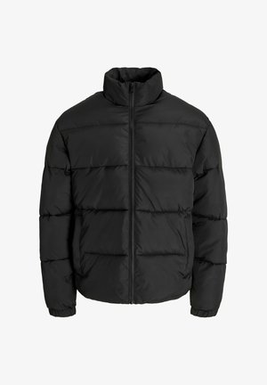 Schwarze Steppjacke mit hohem Kragen, vorderem Reißverschluss und horizontaler gesteppter Polsterung zur Isolierung. Elastische Bündchen und Saum.