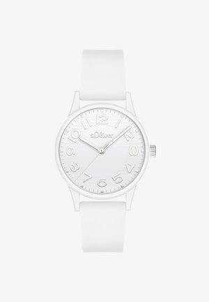 Weiße Silikonarmbanduhr mit einem runden weißen Zifferblatt. Große, erhabene arabische Ziffern von 1 bis 12. Dezentes s.Oliver Logo auf dem Zifferblatt. Silberfarbene Beschläge.