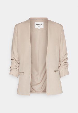 Bežinė švarkas su šaliu apykaklėje, raukšlėtomis rankovėmis, šoninėmis užtrauktukų detalėmis ir lygaus audinio tekstūra. Atviras priekis be uždarymo.