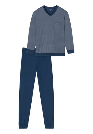 Granatowy zestaw piżamowy z teksturowaną bluzą z długim rękawem, dekoltem w serek i kieszenią, w komplecie z dopasowanymi spodniami. Miękki, oddychający materiał.