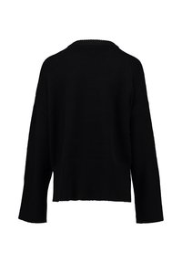 Schwarzer gestrickter Pullover mit lockerer Passform, geripptem Ausschnitt und langen Ärmeln. Verfügt über ein cropped Design und strukturierte Details am Saum.