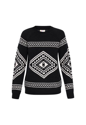 Juodas megztinis su baltais geometriniais raštais. Turi ilgus rankovės, apvalią iškirptę ir raukšlėtus rankogalius bei apačią.