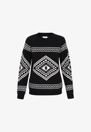 Fekete kötött pulóver fehér geometriai mintákkal. Hosszú ujjakkal, kerek nyakkivágással, valamint bordás mandzsettákkal és aljjal rendelkezik.