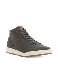 Gray high-top sneakers made of leather with a textured finish, featuring contrast brown accents and a white rubber sole.