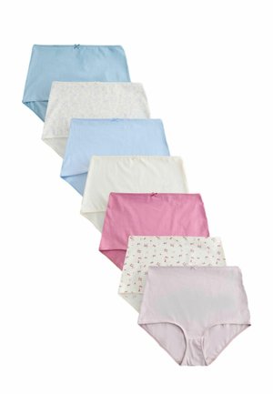 Seven pairs of high-waist women’s briefs in pastel blue, white, pink, and floral patterns arranged diagonally on white background.