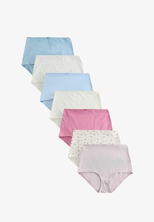 Sieben Paar Damen-Slips mit hohem Bund in Pastellblau, Weiß, Rosa und Blumenmustern, diagonal auf weißem Hintergrund angeordnet.