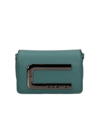 Borsa a tracolla in pelle teal con design elegante, caratterizzata da un accento in metallo argentato e logo, forma compatta e bordi cuciti.