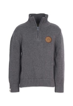Grau gestrickter Pullover mit hohem Kragen und halbseitigem Reißverschluss. Verfügt über ein rundes, braunes Patch-Logo auf der Brust sowie gerippte Bündchen und Saum.