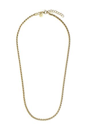 Goldfarbene, verdrehte Kette mit Karabinerverschluss und verstellbarer Verlängerung vor weißem Hintergrund.