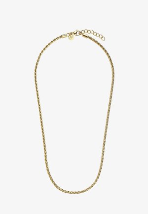 Goldfarbene, verdrehte Kette mit Karabinerverschluss und verstellbarer Verlängerung vor weißem Hintergrund.