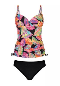 Wielokolorowy top tankini w kwiatowy wzór z regulowanymi ramiączkami i marszczeniem, zestawiony z jednolitymi czarnymi majtkami bikini o wysokim stanie.