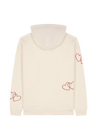 Krems krūze ar kangaroo kabatu, ar sarkaniem izšūtām sirds dizainiem uz piedurknēm un muguras. Mīksts kokvilnas materiāls.