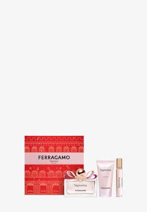 Ferragamo Signorina gift set with red decorative box, perfume bottle with bow, body lotion tube, and small fragrance spray.