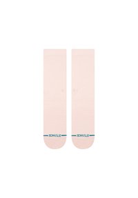 Light pink socks with a smooth texture, featuring a blue accent stripe at the toe and a small logo on the side. Standard crew length.
