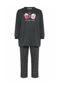 Ciemnoszary zestaw piżamowy składający się z góry z grafiką dwóch kubków i napisem "Hot Choc o'clock", oraz spodni z wzorem serc w bieli i czerwieni.