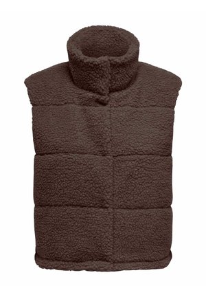 Donkere bruine fleece vest met hoge kraag en een gewatteerd ontwerp. Zachte textuur zonder mouwen en een afgeronde onderrand.
