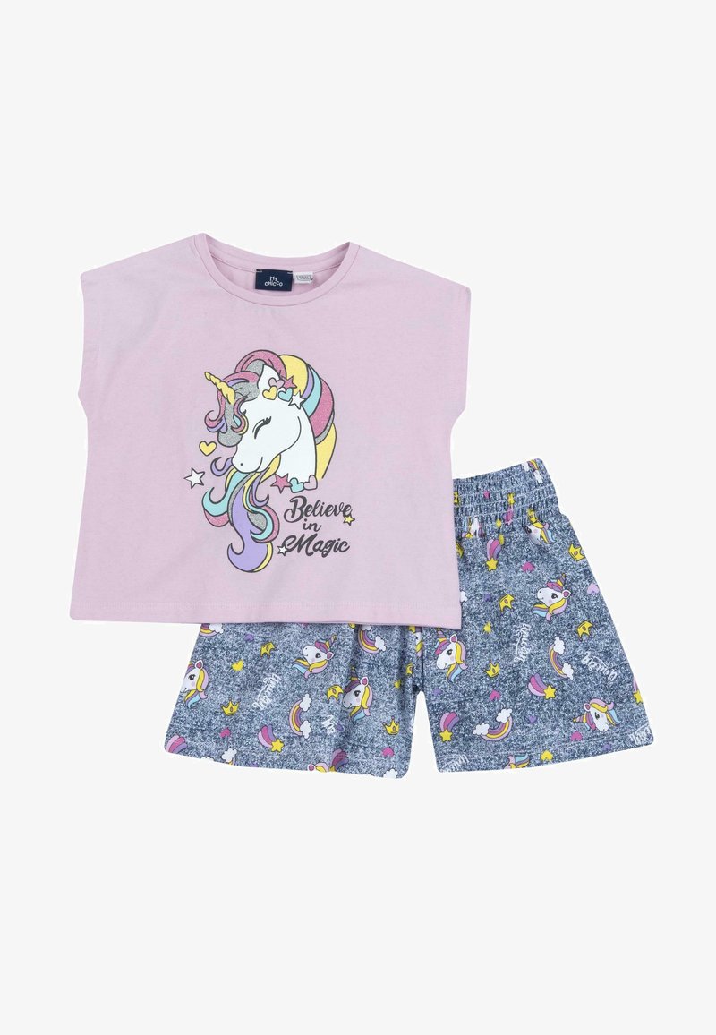 Pink short-sleeve t-shirt with unicorn graphic and "Believe in Magic" text paired with blue shorts featuring a unicorn and rainbow pattern.