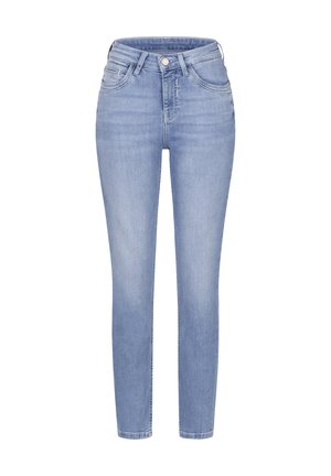 Hellblaue Skinny Jeans mit hoher Taille, vorderem Knopf- und Reißverschluss, Front- und Gesäßtaschen sowie Gürtelschlaufen.
