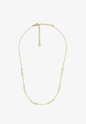 Guld kæde med runde hvide perler og dekorative guld detaljer, med en hummerlås og justerbar længde.