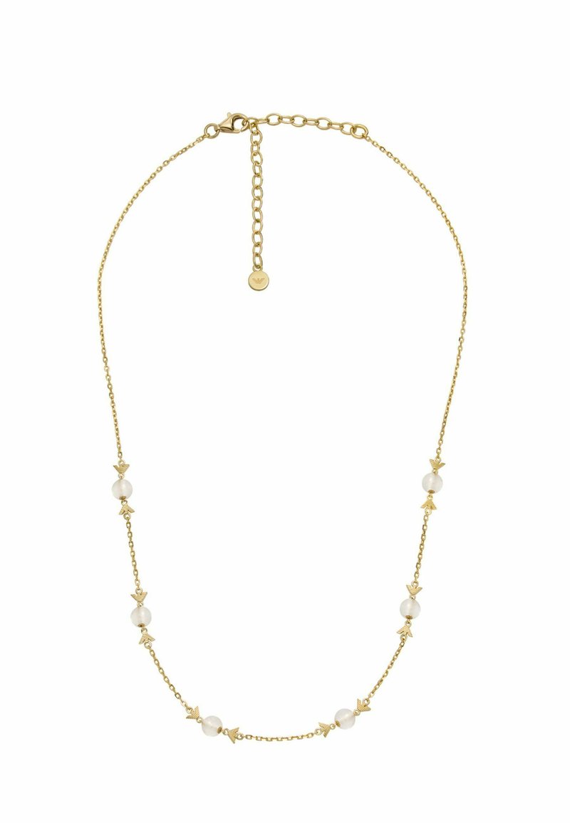 Gold chain necklace featuring round white beads and decorative gold accents, with a lobster clasp and adjustable length.