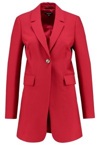 Röd blazerjacka med slagkrage, enkel knappstängning, två framfickor och en slät, skräddarsydd passform.