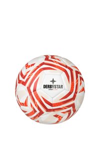 DerbyStar Junior S-Light Fußball mit einer weißen Oberfläche, die mit roten geometrischen Mustern und einer strukturierten Oberfläche verziert ist.