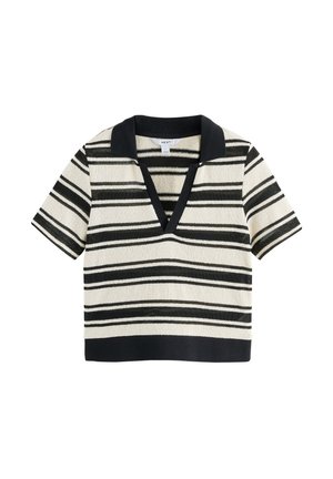 Krótki sweter z krótkim rękawem w czarno-białe poziome paski, czarny kołnierz, głęboki dekolt w kształcie litery V oraz jednolity czarny brzeg.