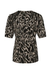 Sort og beige kortærmet top med en bølgende mønster, ribbet halsudskæring og en behagelig strikket tekstur. Bagside set.