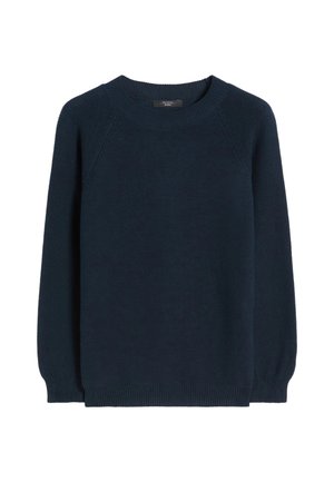 Pull en maille bleu marine à col rond avec manches raglan longues et poignets et bas côtelés, présenté sur un fond blanc uni.