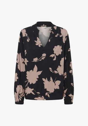 Blusa negra de manga larga con un patrón floral en rosa claro. El escote en V y los puños fruncidos añaden textura a la tela ligera.