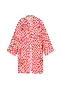 Kimono rosa con un patrón geométrico en tonos de naranja y amarillo. Tela ligera, mangas anchas y diseño de frente abierto.
