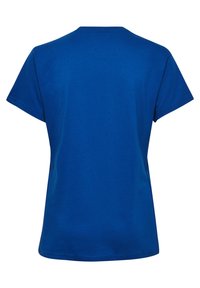 Kortärmad t-shirt med rund halsringning i ensfärgad blå bomull. Mjuk textur utan mönster eller dekorationer, enkel och odekorerad baksida.